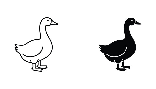 Domestic goose standing profile vector illustration in outline and solid black silhouette for farm and animal design projects