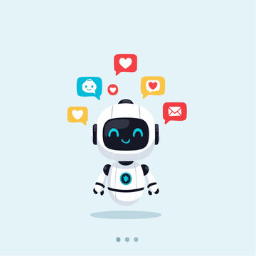 Cute chibi robot responding to messages with social media interaction icons.