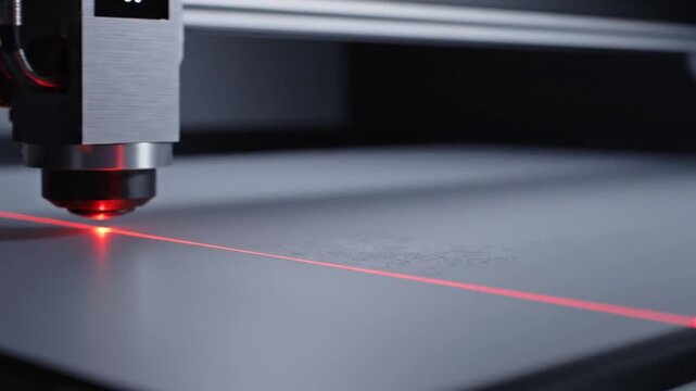 Industrial CNC laser head engraving metal sheet in workshop