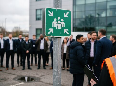 Green assembly point sign on a metal pole with blurred employees for fire drill training, office evacuation procedures and workplace safety compliance management