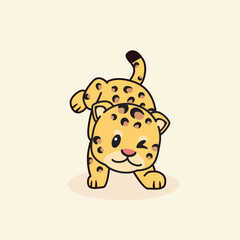 Fototapeta premium Cute cartoon cheetah winks playfully. Soft pastel background adds charm. Ideal for children's books or digital stickers. Adorable expression invites affection. Cartoon style draws attention gently