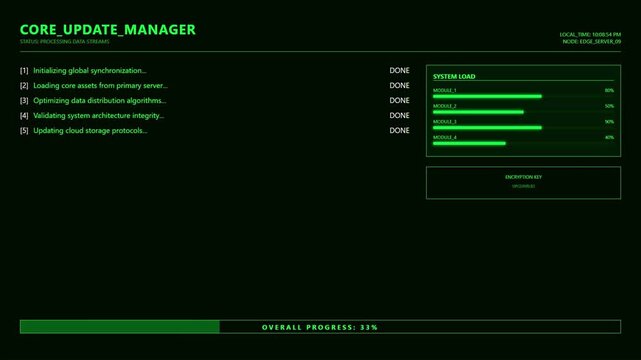 Futuristic Core Update Manager HUD with Green Digital System Load Interface and Cyber Security Patch Software Maintenance Monitoring Analytics Screen.