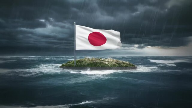 嵐の海に浮かぶ孤島と日本国旗が示す経済危機