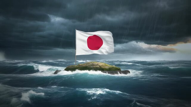 嵐の海に浮かぶ孤島と日本国旗が示す経済危機