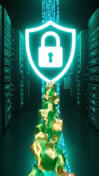 Digital data streams flow through secure server racks with a lock icon