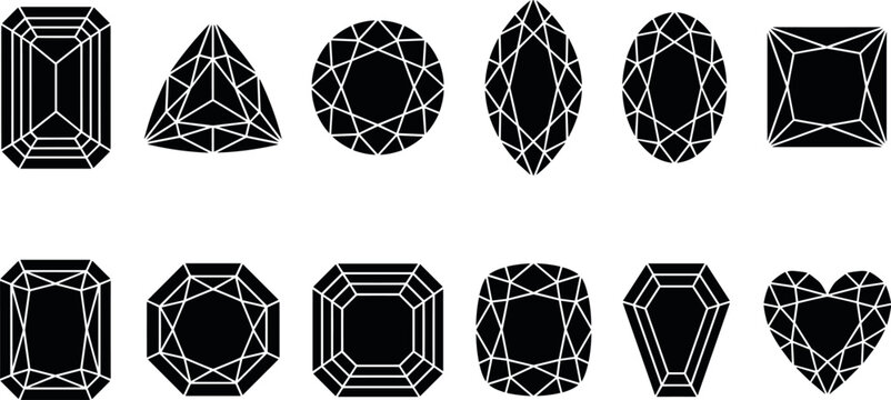 Set of Diamond and Gemstone Silhouette Icons with Geometric Facet Lines Including Round, Heart, and Emerald Cuts