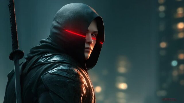 A mysterious figure cloaked in shadows with a glowing red visor, poised against an urban backdrop, suggests a narrative of stealth and intrigue in a high-tech environment.