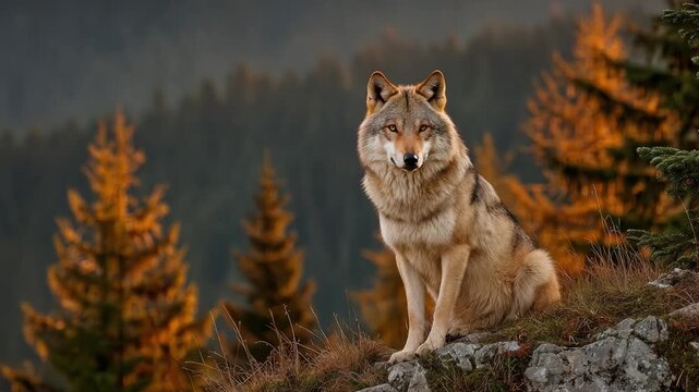 A Majestic Wolf Sitting Proudly on a Rocky Outcrop with a Panoramic View of Golden Autumn Foliage and Towering Evergreen Trees in the Background