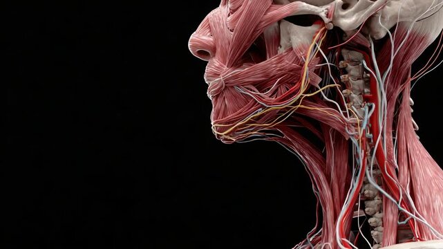 A Detailed Visualization of Human Facial Anatomy Showcasing Musculature, Vascular Structures, and Cranial Framework in Profound Realism