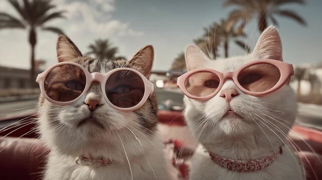 Two Cats Enjoying a Sunlit Drive in Style: Adorable Pets in Sunglasses Surrounded by Palm Trees and a Beautiful Blue Sky