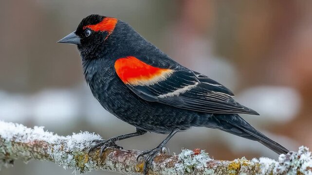 A striking red-winged blackbird perched gracefully on a frosty branch, showcasing its bold colors against a blurred winter backdrop in serene beauty.