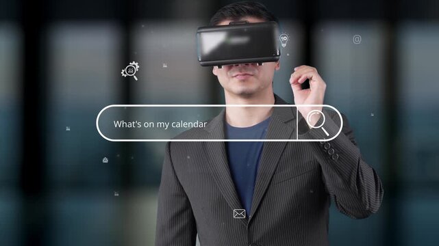 A business professional utilizes a virtual reality headset in a contemporary environment while searching for the nearest coffee shop using digital icons and overlays. Raster