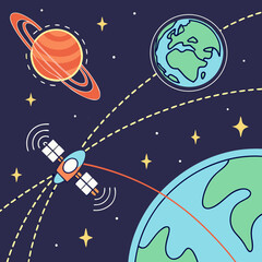 Satellite communication and global connectivity concept illustration featuring earth and saturn in outer space satellite communication universe astronomy technology connection transmission © Md