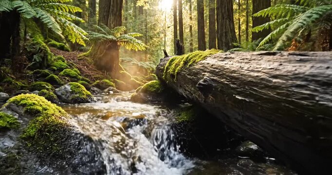 Serene forest landscape with a flowing stream, moss-covered logs, and sunlight filtering through trees