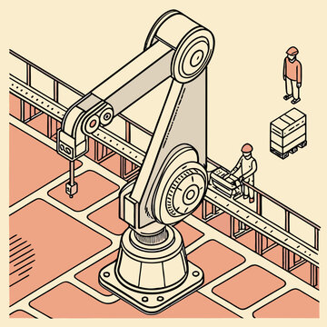 Automated industrial robotic arm working on production line with factory personnel and palletized goods industrial automation production assembly manufacturing isometric illustration warehouse