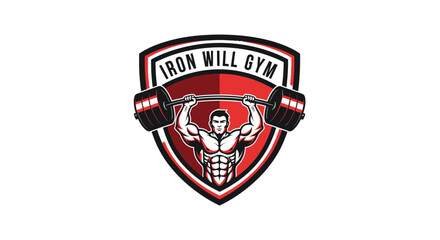 Fototapeta premium Iron Will Gym logo with muscular man lifting barbell in a shield emblem.