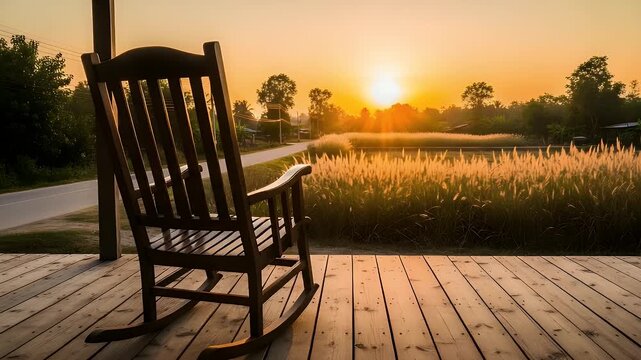 An empty wooden rocking chair sits on a rustic porch overlooking a serene field bathed in the warm golden light of a setting sun.