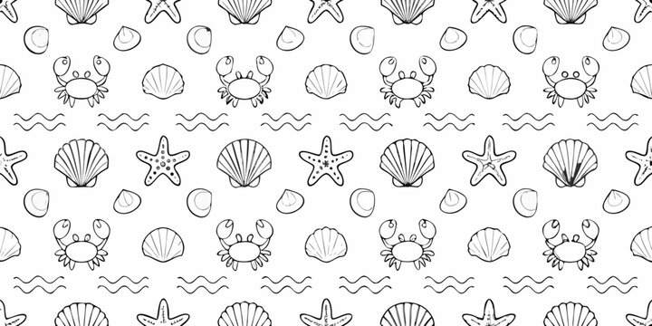 nautical beach seamless pattern with crabs starfish shells
