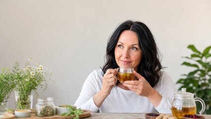 Woman enjoying herbal tea with fresh herbs and plants on table