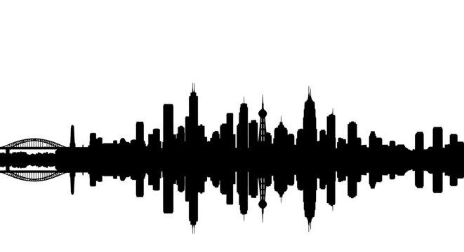 City skyline waveform, sound wave cityscape, urban audio signal, black silhouette isolated on White Background Editable EPS