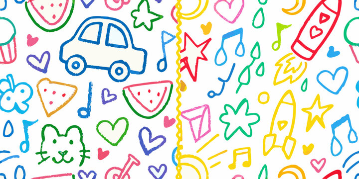 colorful crayon doodle pattern with various shapes and symbols