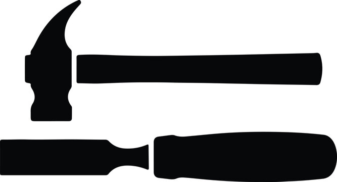 Silhouette design of a carpenter hammer and wood chisel icon vector