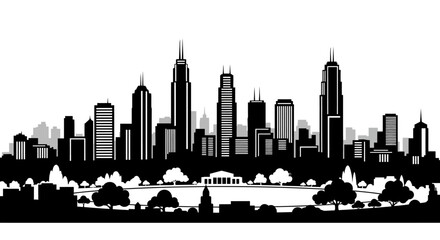 Obraz premium City skyline, urban landscape, black silhouette, grayscale illustration, cityscape isolated on White Background Editable EPS
