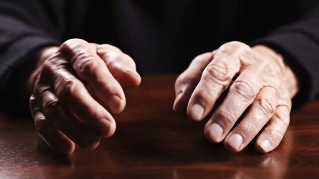 Elderly hands clasped on wooden table surface