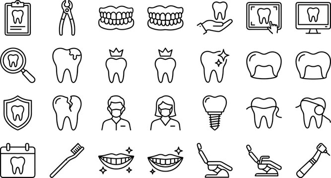 Vector Set of Dental Icons Including Tooth, Toothbrush, Dentist, Dental Tools, and Treatment for Healthcare and Dental Care Design