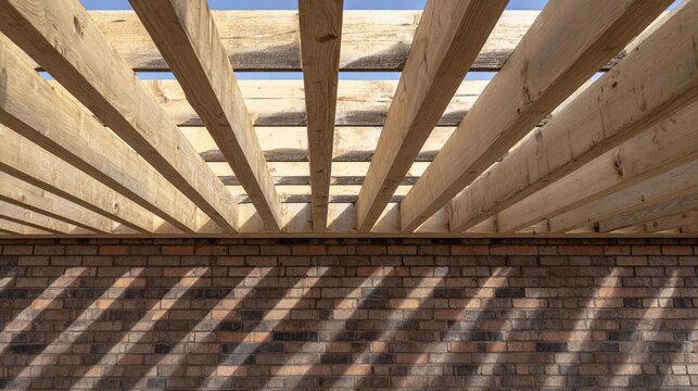 joists. Exposed wooden joists arranged neatly between brick walls on a site. real-estate listings, architecture portfolios, designed for interior renovation comparisons for interiors.