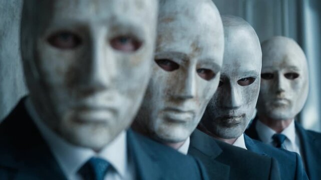 Mysterious Figures in Suits with Distinctive Masks: An Eerie Representation of Identity and Uncertainty in a Dark Atmosphere