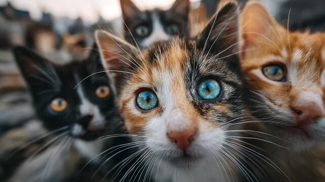 A Candid Moment Captured: Playful Kittens with Striking Blue Eyes Curiously Gazing into the Camera, Showcasing Their Unique Personalities and Charm