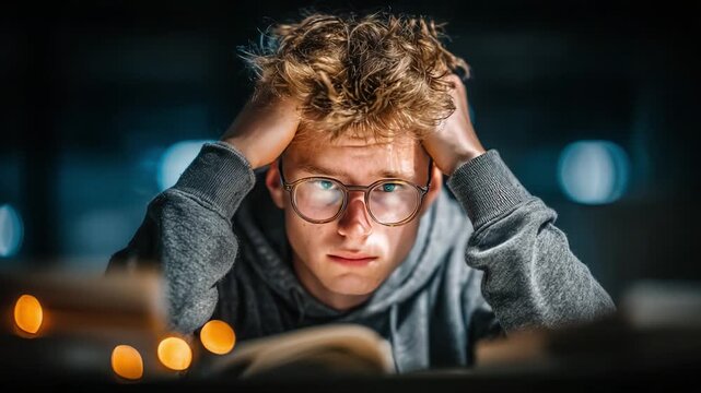 A Studious Young Man Overwhelmed by Stress and Anxiety While Studying Late at Night in a Dimly Lit Room, Struggling to Focus on His Homework