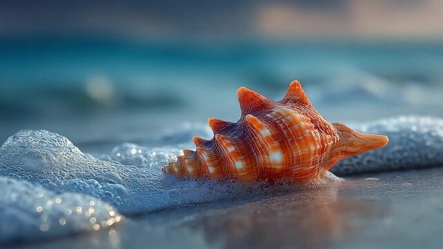 Beautiful Close-Up of a Colorful Sea Shell Resting on a Sandy Beach with Gentle Waves in the Background, Showcasing Nature's Marine Wonders and Delicate Textures