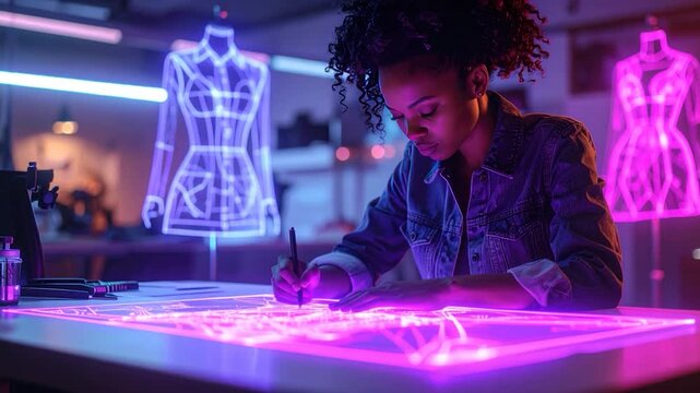 A fashion designer sketches with neon lights, drafting a glowing outfit