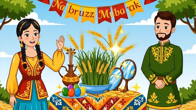 Nowruz Mubarak Celebration with Traditional Haft-Seen Table and Festive Attire.