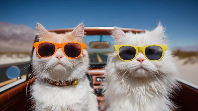 Two Stylish Cats in Sunglasses Enjoying a Scenic Drive in a Convertible Car Under a Bright Blue Sky, Exuding Coolness and Charm on Their Road Trip Adventure