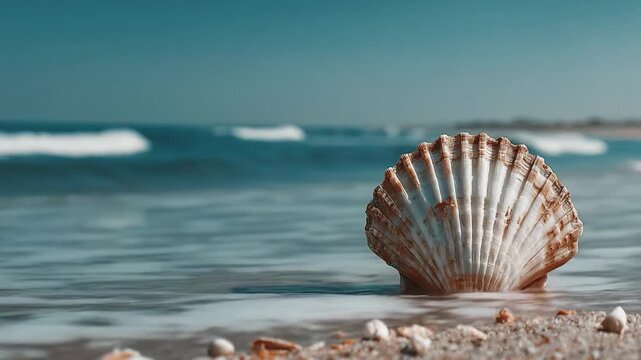 A Stunning Close-Up of a Beautiful Scallop Shell Resting on the Shoreline, Capturing the Essence of Beach Life and Nature's Artistry with Waves in the Background