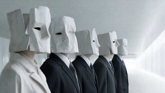 A Surreal Lineup of Faceless Figures in Minimalist Attire: Exploring Identity and Anonymity through Paper Masks in a Modern Environment