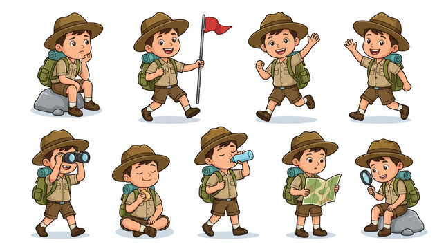 Set of cartoon characters depicting a boy scout in various hiking and outdoor adventure poses