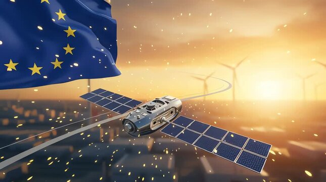 European satellite in space with solar panels deployed near wind turbines at sunset animation video