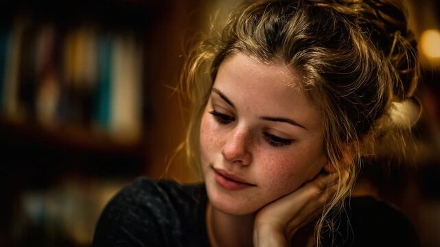 A Thoughtful Moment Captured: The Introspection and Serenity of a Young Woman Lost in Contemplation in a Cozy Environment