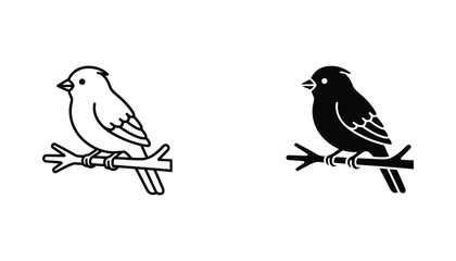 Obraz premium Bird on a branch icon set featuring clean outline and solid black silhouette vector style for nature and wildlife conservation branding projects