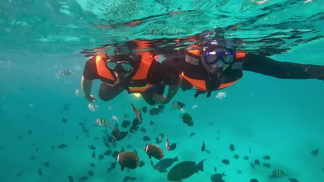 Happy couple in snorkeling mask dive underwater with tropical fishes in coral reef sea in Weh Island Sabang, Indonesia. Show by hands divers sign of love and heart. 