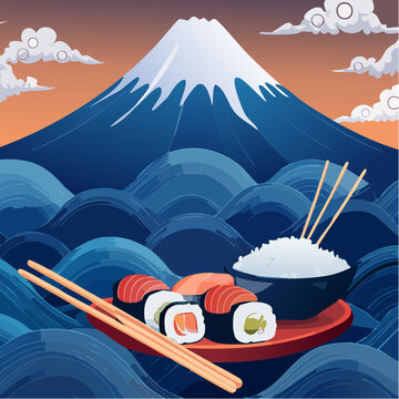 Mount fuji and sushi with chopsticks and rice bowl in japanese style, asian food
