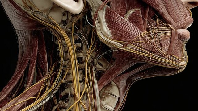 Detailed Study of the Human Neck Anatomy Featuring Muscles, Nerves, and Vascular Structures, Showcasing Intricate Biological Connectivity and Design