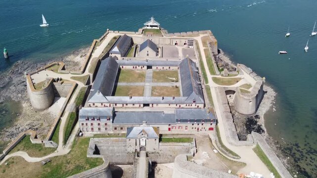 Aerial drone travel over Port-Louis citadel in Brittany France