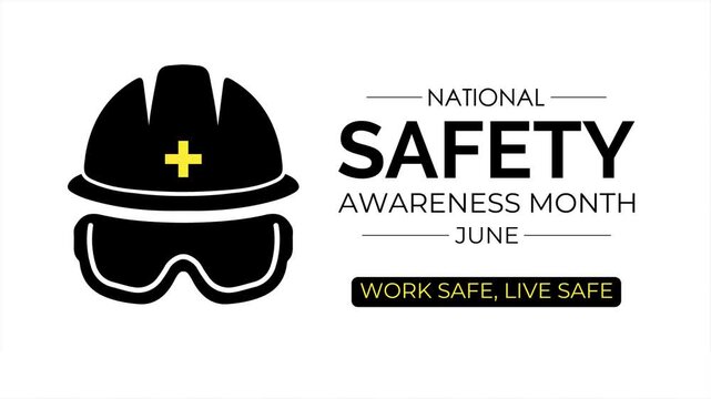 National safety awareness month animation with protective helmet. Construction safety campaign video with protective gear illustration.