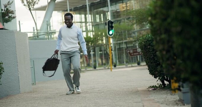 Dancing, happy and black man in city on commute for promotion, job opportunity and success. Corporate, professional and excited person in urban town for celebration, business achievement and victory