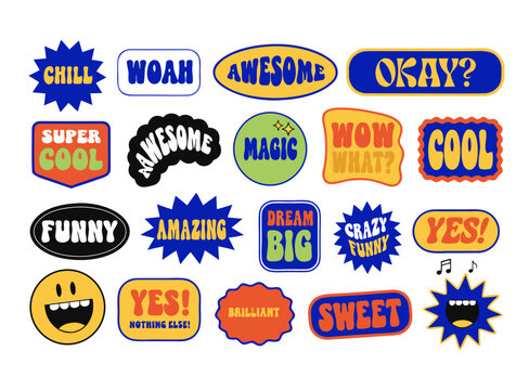 Set of retro pop stickers with cool gen z slang words and cute smiley characters in y2k style